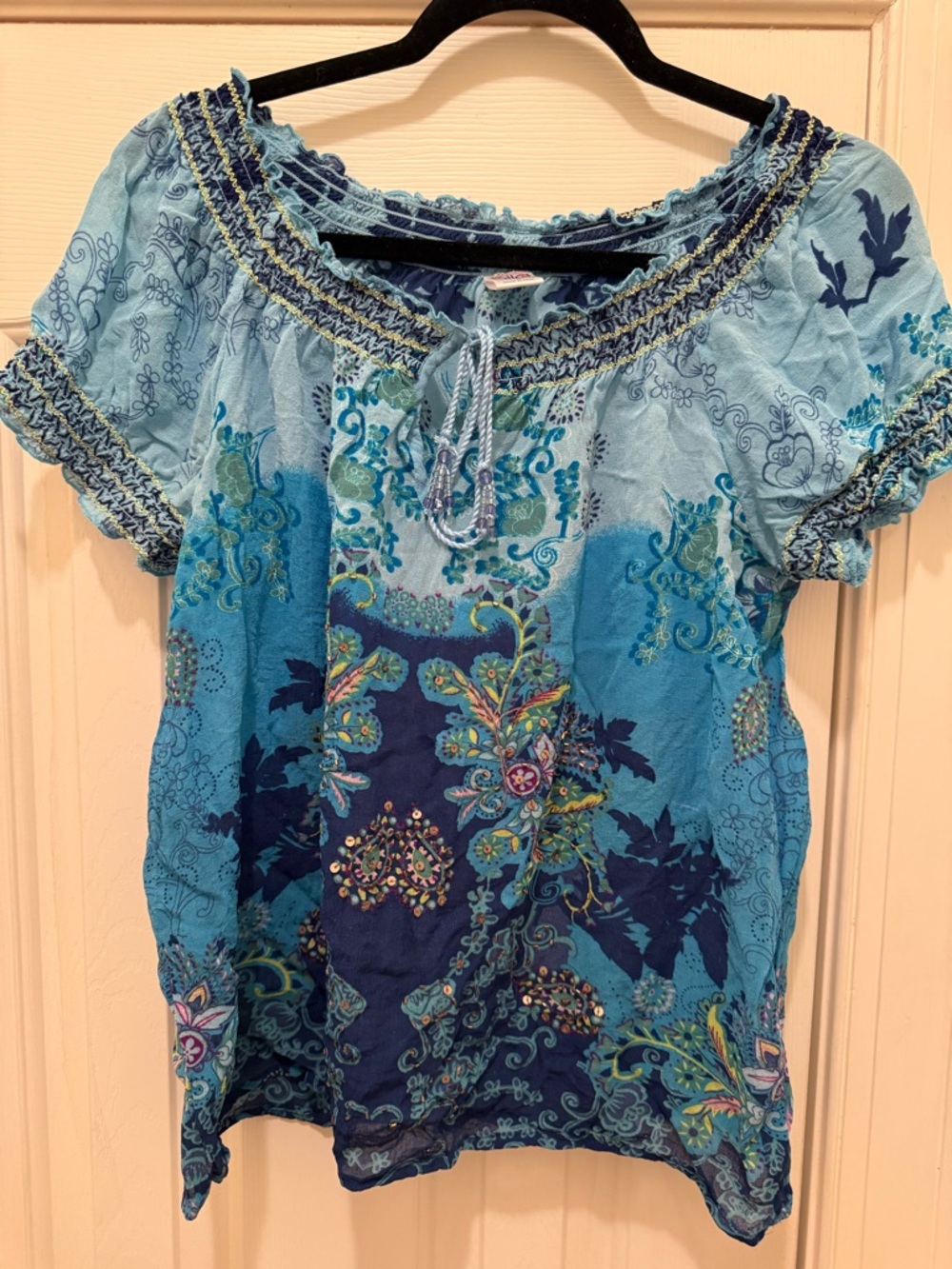 Bila Blue Ombre Embroidered Peasant Blouse